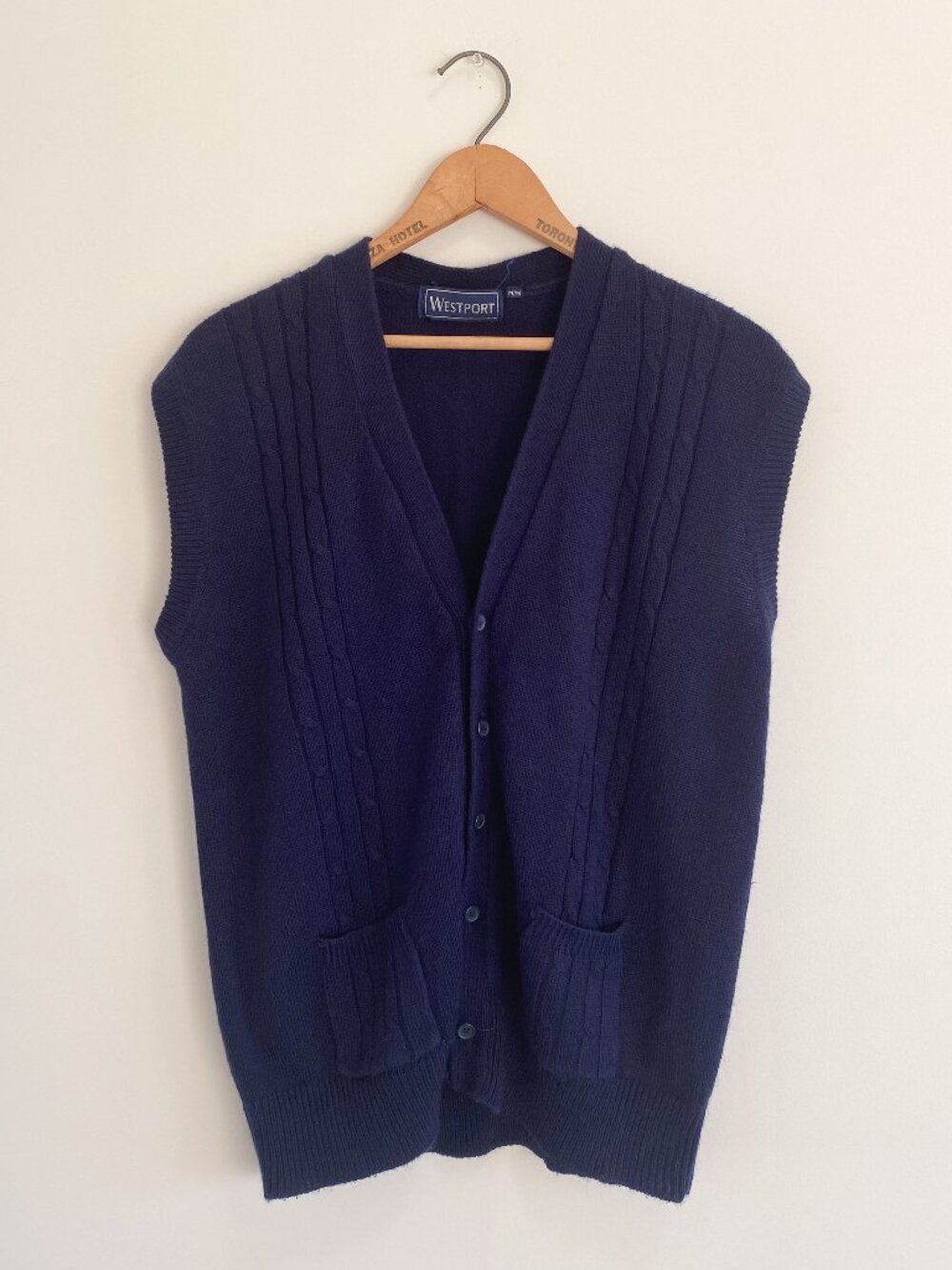 Vintage Navy Blue Cable Knit Sweater Vest Cardigan / 90s